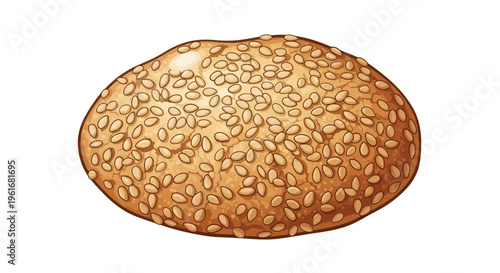 Freshly baked bread roll covered in sesame seeds, isolated on white background