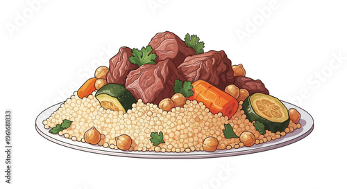 Hearty Beef Couscous Stew with Vegetables on White Plate