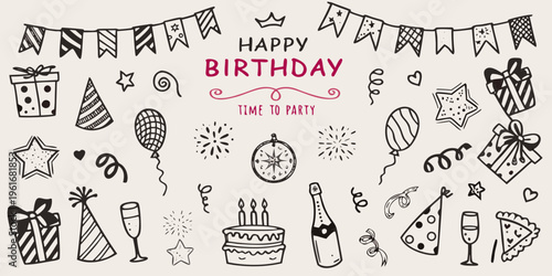 A hand drawn birthday illustration featuring festive decorations and celebratory items