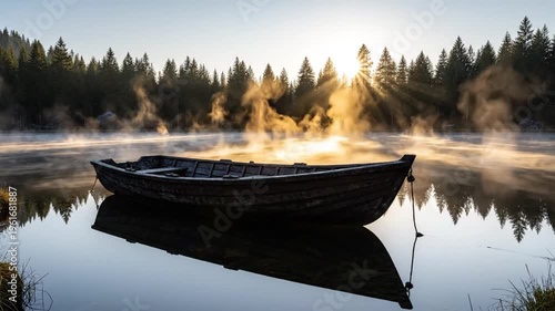 Weathered wooden rowboat anchored on a calm misty lake at sunrise