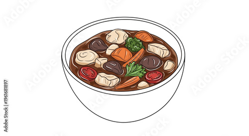 Hearty Stew in Bowl, Illustrated, Comfort Food