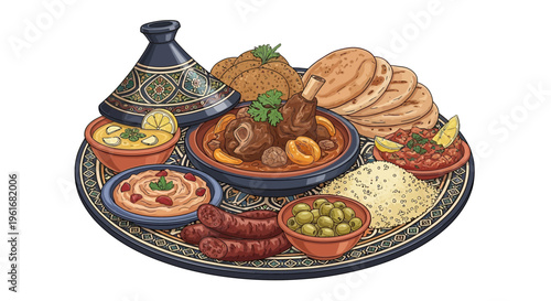 Moroccan Food Platter Illustration with Tagine, Couscous, and Meats