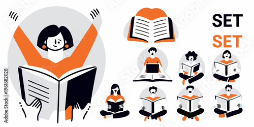 People reading books in a stylized minimalist illustration set