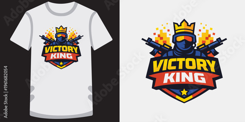 Creative gaming logo design featuring a victory king character with guns and crown illustration perfect for esports teams and gamers tshirt print