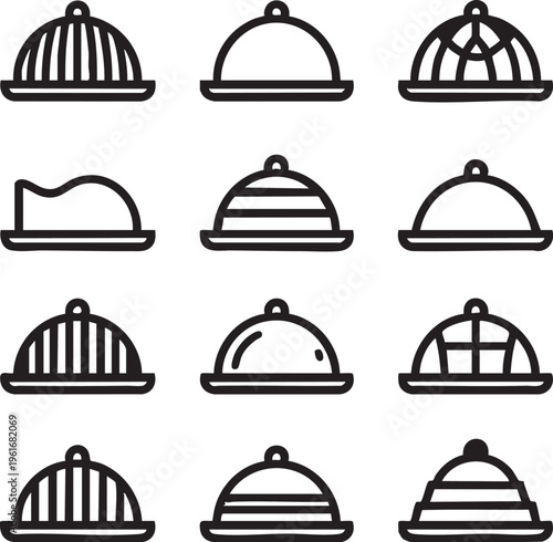 Food cloche vector icons: restaurant serving dish line art collection eps silhouette