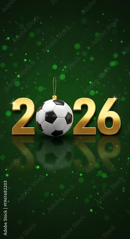 Fototapeta premium High Quality, Professional Soccer ball ornament replacing zero in shiny gold 2026 year numbers on green background with sparkles Stock Photo, AI Generated