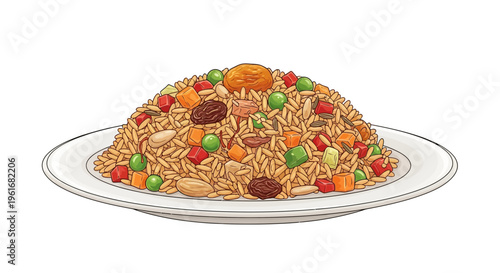 Savory Fried Rice with Vegetables and Raisins on White Plate