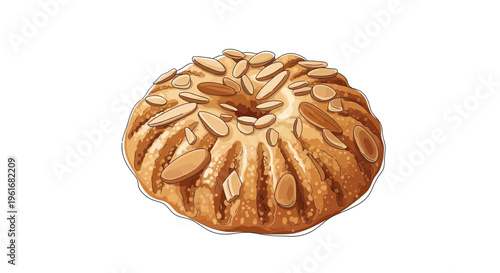 Round baked pastry with sliced almonds on top, isolated on white