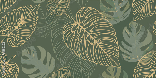 Elegant tropical monstera leaf pattern with golden line details