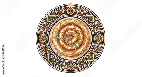 Traditional Arabic dessert, Kunafa, on decorative plate
