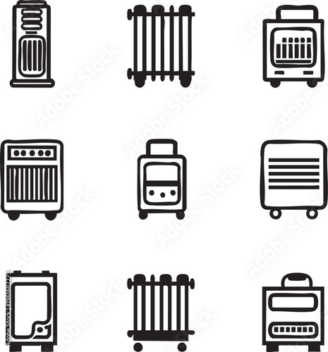 Portable heater icons vector set: electric, radiator, space heater eps silhouette
