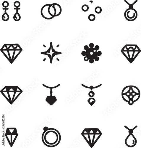 Jewelry icon set: diamond, ring, necklace, earring vector graphics eps silhouette