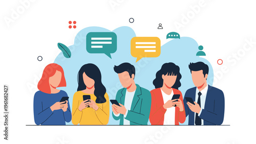 Diverse group of young people using their smartphones for social media messaging and online communication in a flat vector style.