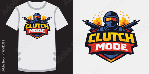 Creative gaming tshirt design featuring a bold clutch mode logo with a soldier and vibrant colors perfect for esports fans and gamers