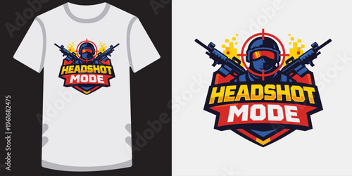 Creative gaming tshirt design featuring a bold headshot mode graphic with vibrant colors and dynamic elements perfect for esports fans and gamers