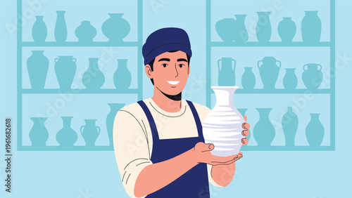 Happy male potter holding a white ceramic vase while standing in front of shelves filled with various pottery designs in a studio.