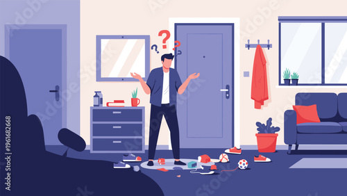 Frustrated man standing in the middle of a messy living room full of scattered clothes and objects while feeling confused and lost.
