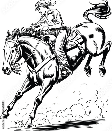 Vintage hand drawn vector illustration of a cowboy riding a bucking bronco horse in a rodeo show competition isolated on white.