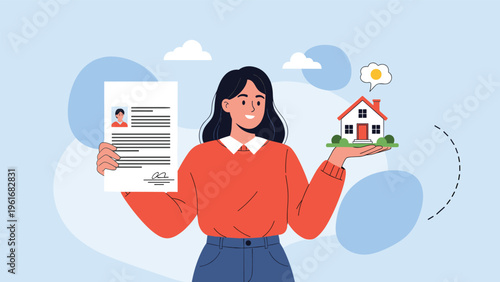 Smiling young woman holding a signed real estate contract in one hand and a miniature model of a house in the other hand proudly.