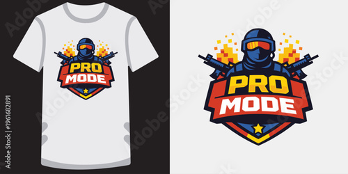 Creative gaming tshirt design featuring a professional gamer character with futuristic armor and weapons illustration perfect for esports fans and gamers