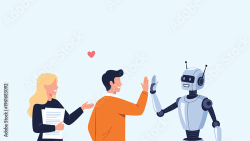 Modern workplace collaboration where a human employee gives a high-five to a humanoid robot while a female colleague watches with papers.