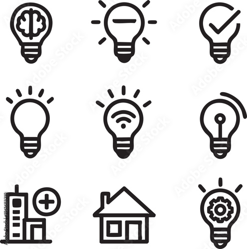 Vector icons set: light bulb ideas, smart home, brain, wifi, and more - eps, svg, png eps silhouette