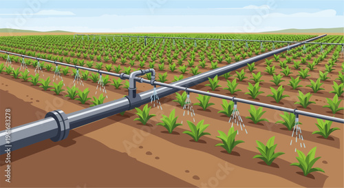 A modern irrigation system watering rows of green crops in a vast agricultural field under a clear sky.