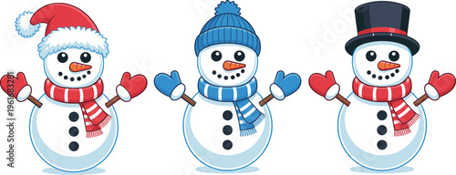 Cute snowman character set with winter hats scarves and mittens in various festive styles for Christmas and holiday season vector illustration isolated on white.