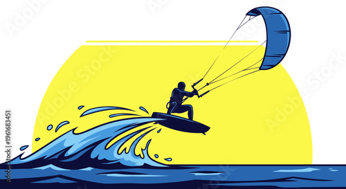 Kitesurfer riding a wave with a kite in the sky, bright sun background