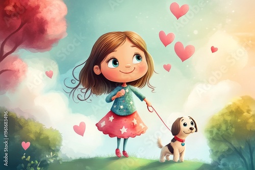 selective focus happy cartoon girl spending joyful time with her dog in a pastel park with floating hearts
