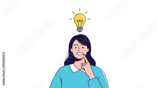Happy young woman with a glowing lightbulb above her head representing a sudden creative idea or an inspired solution to a problem.