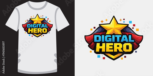 Creative modern graphic design of a stylish digital hero emblem with vibrant colors and bold typography on a tshirt