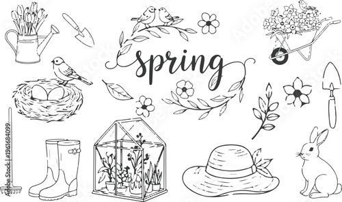 Whimsical hand-drawn spring elements illustration in a minimalist line art style using black ink on a clean white background