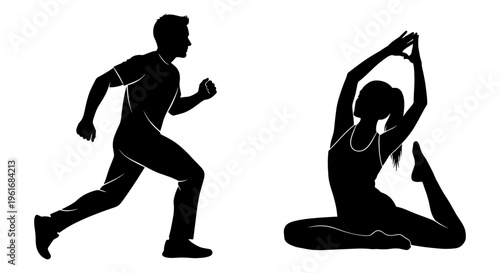 Silhouettes of a man running and a woman stretching Vector, illustration
