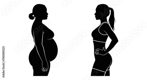 Pregnant woman silhouette compared to fit woman Vector, illustration