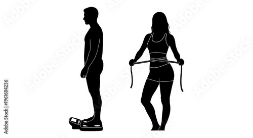 Man standing on scale and woman measuring waist Vector, illustration