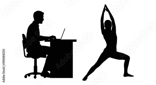 A man sitting at a desk and a woman doing yoga Vector, illustration