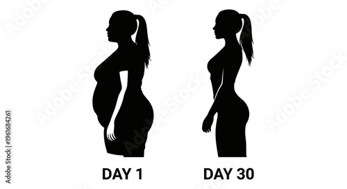 Pregnancy silhouette showing weight loss over 30 days Vector, illustration