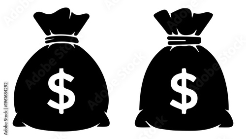 Black money bag icons with dollar signs isolated on white backdrop representing wealth set.