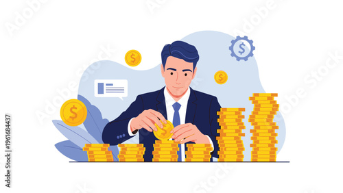 Successful businessman carefully stacking gold coins on a table while focusing on his wealth growth and financial investment strategies.