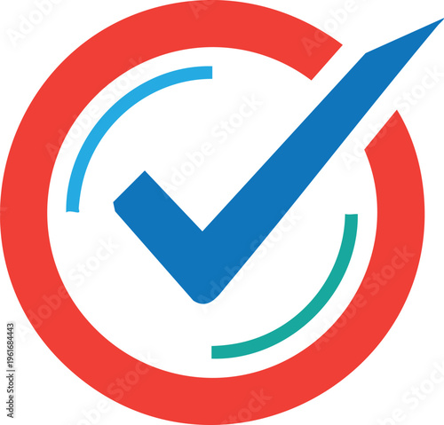 Blue check mark within red and blue circles checkmark tick