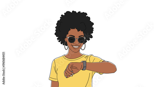 Stylish young woman with an afro hairstyle wearing sunglasses and checking the time on her smartwatch against a plain white background.