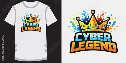 Creative pixel art design featuring a vibrant cyber legend logo with a crown for gaming and esports fans perfect for tshirts and merchandise