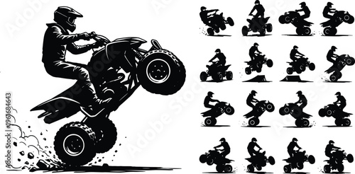 ATV rider silhouette performing stunts quad bike action set off road adventure extreme sports illustration black vector collection dynamic poses