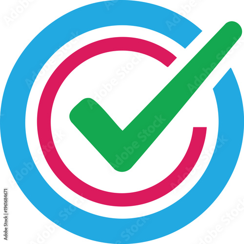 Green check mark inside concentric circles tick symbol blue