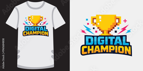 Creative pixel art tshirt design featuring a digital champion trophy with vibrant colors and retro gaming style elements perfect for gamers and esports enthusiasts
