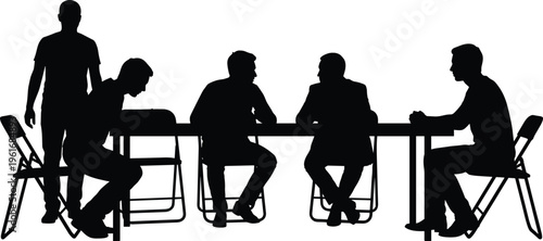 Business meeting discussion team sitting at table corporate collaboration concept silhouette vector illustration office workplace communication isolated design