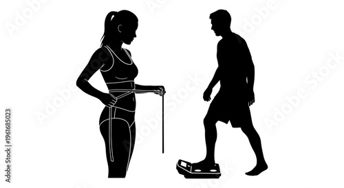 A man stepping on a scale while a woman measures her waist with a tape measure Vector, illustration