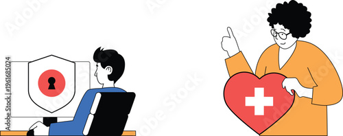 A person receiving care while another ensures security and privacy through digital protection symbols