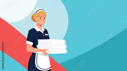 Smiling hotel maid in a blue uniform and apron carrying a stack of clean white towels while working in a hospitality environment.